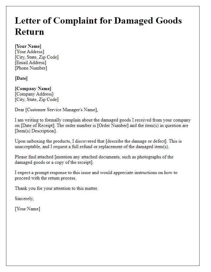 Letter template of complaint for damaged goods return.