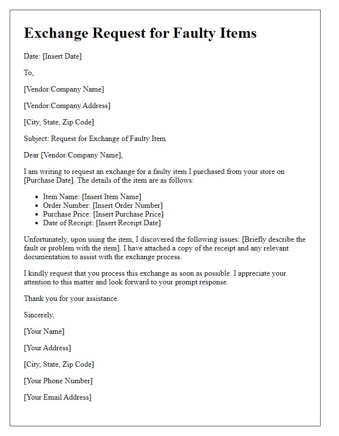 Letter template of exchange request for faulty items.