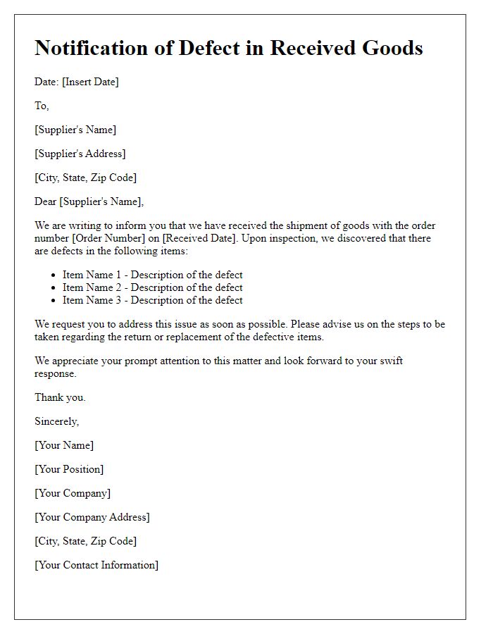 Letter template of notification for defect in received goods.