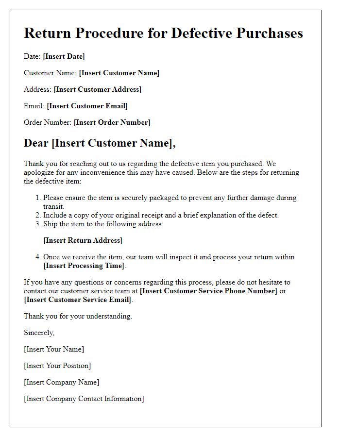 Letter template of return procedure for defective purchases.