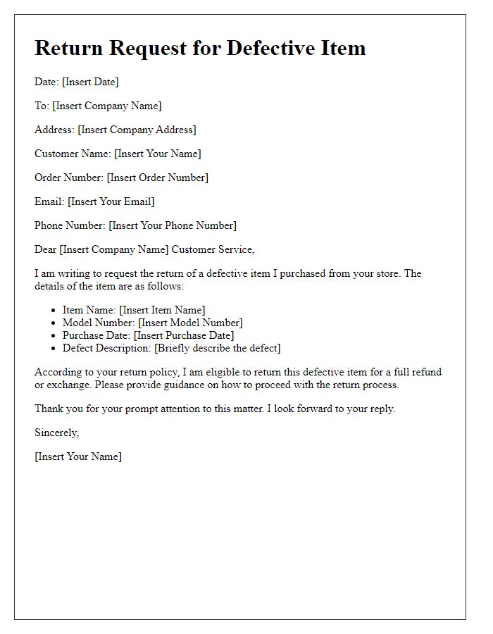 Letter template of return request for defective items.