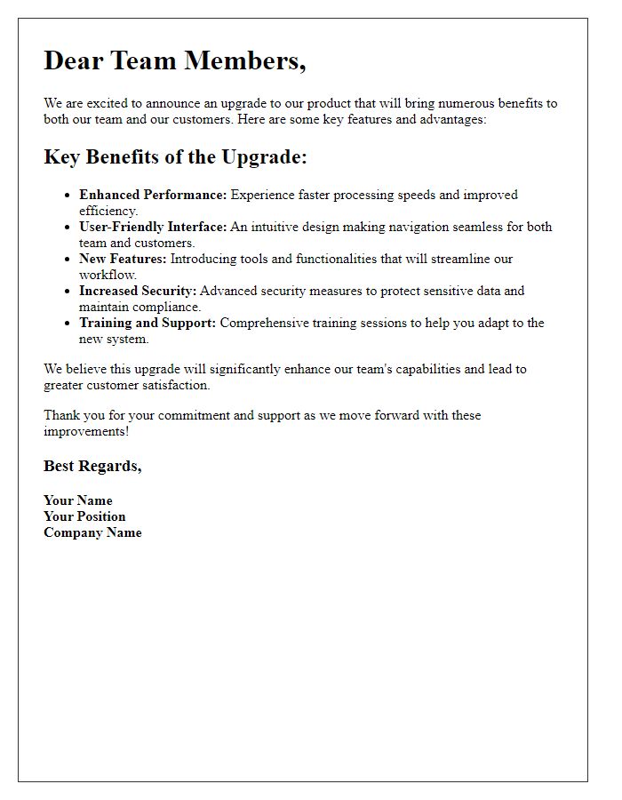 Letter template of product upgrade benefits for team members