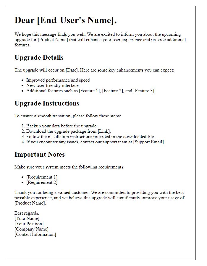 Letter template of product upgrade guidance for end-users