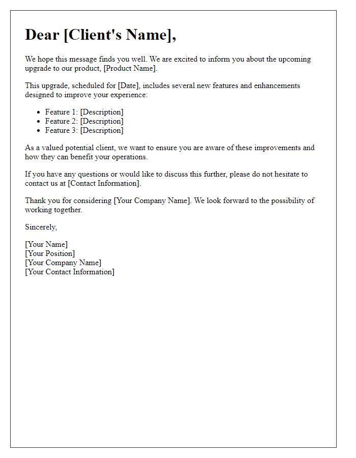 Letter template of product upgrade notification for potential clients