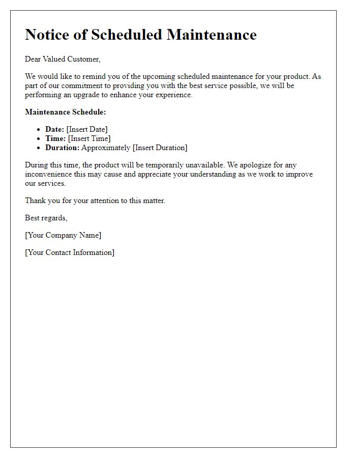 Letter template of product upgrade reminder for scheduled maintenance