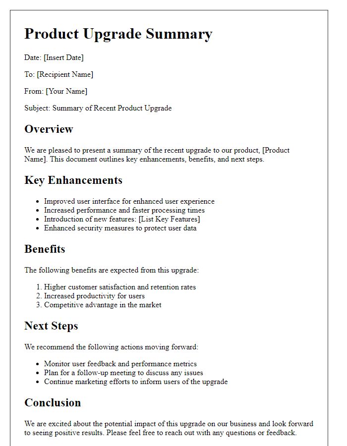 Letter template of product upgrade summary for executives