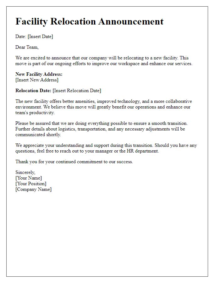 Letter template of facility relocation announcement for employees