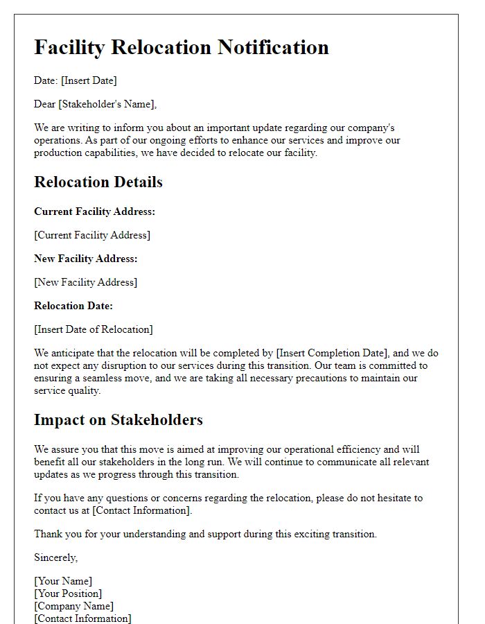 Letter template of facility relocation details for stakeholders