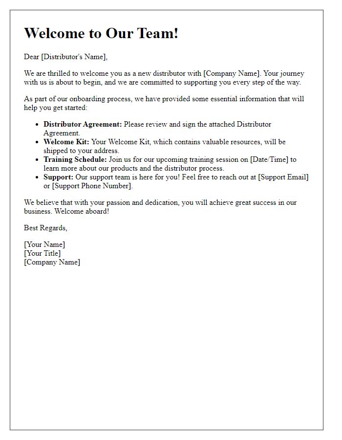 Letter template of New Distributor Onboarding Welcome