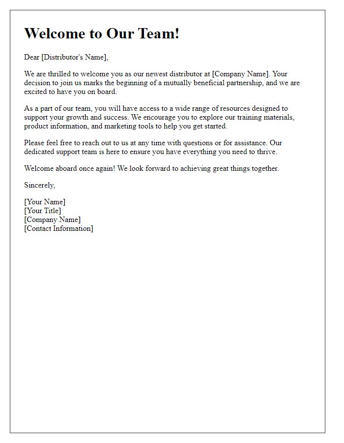 Letter template of Warm Welcome to Our New Distributor