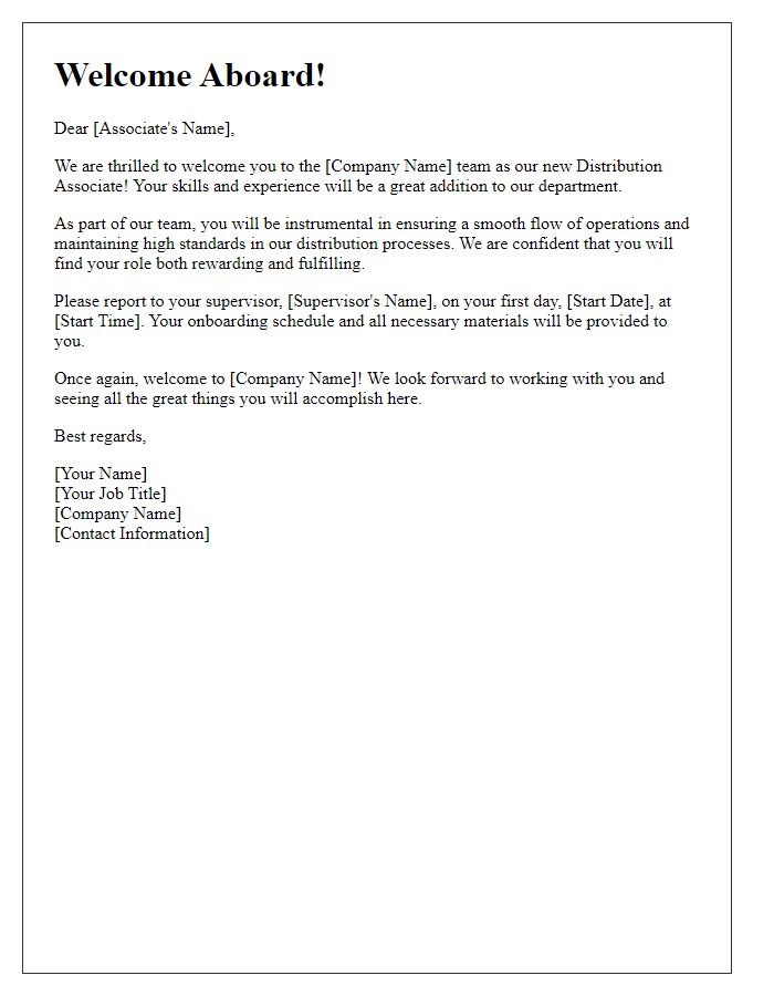 Letter template of Welcome Aboard New Distribution Associate