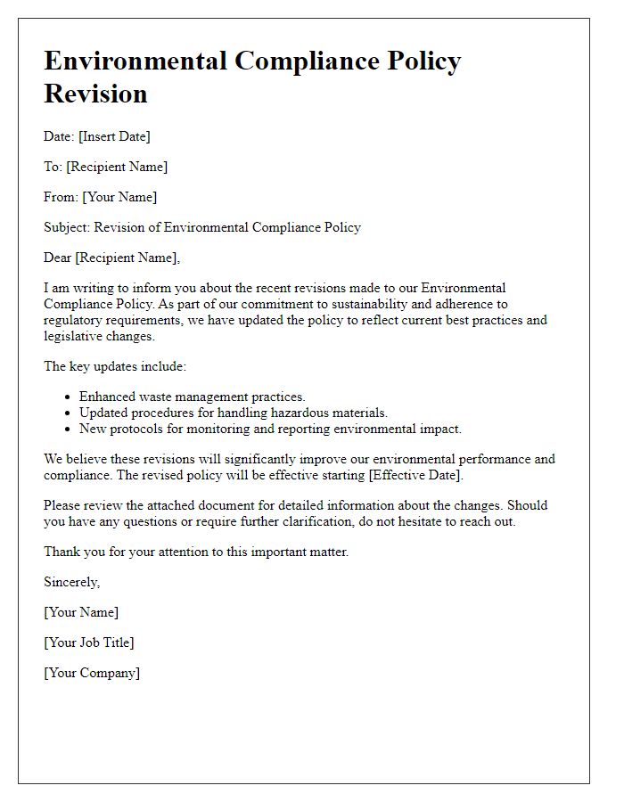 Letter template of environmental compliance policy revision