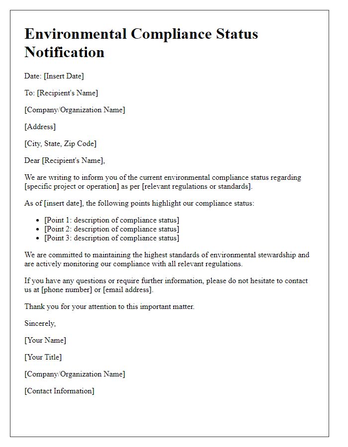 Letter template of environmental compliance status notification