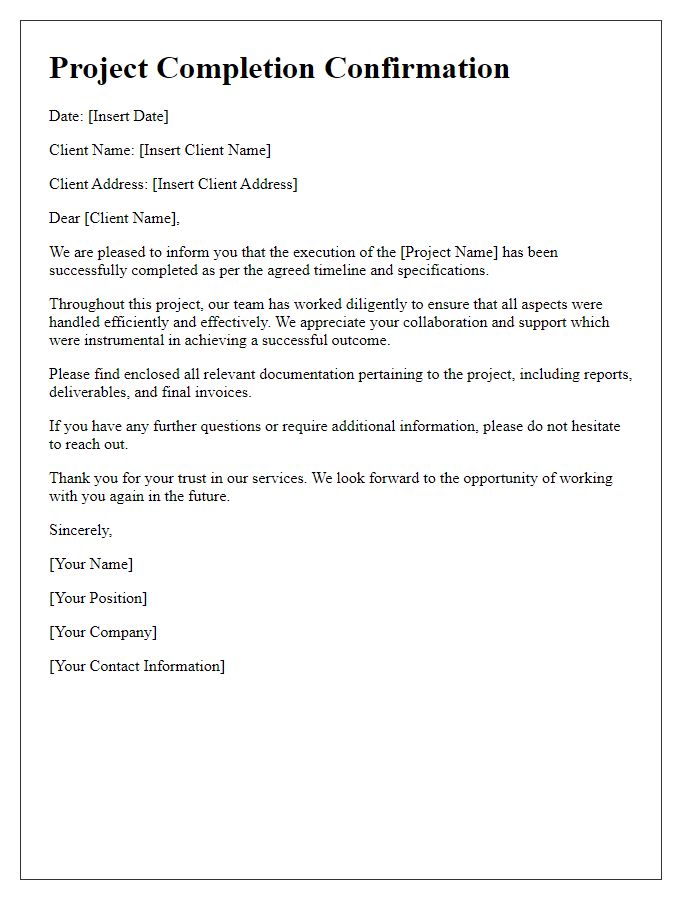 Letter template of client project execution finish