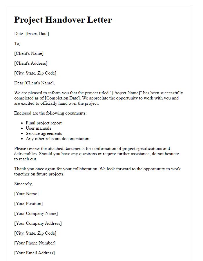 Letter template of completed project handover to client