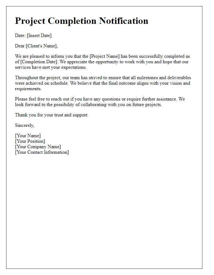 Letter template of project completion notification for clients