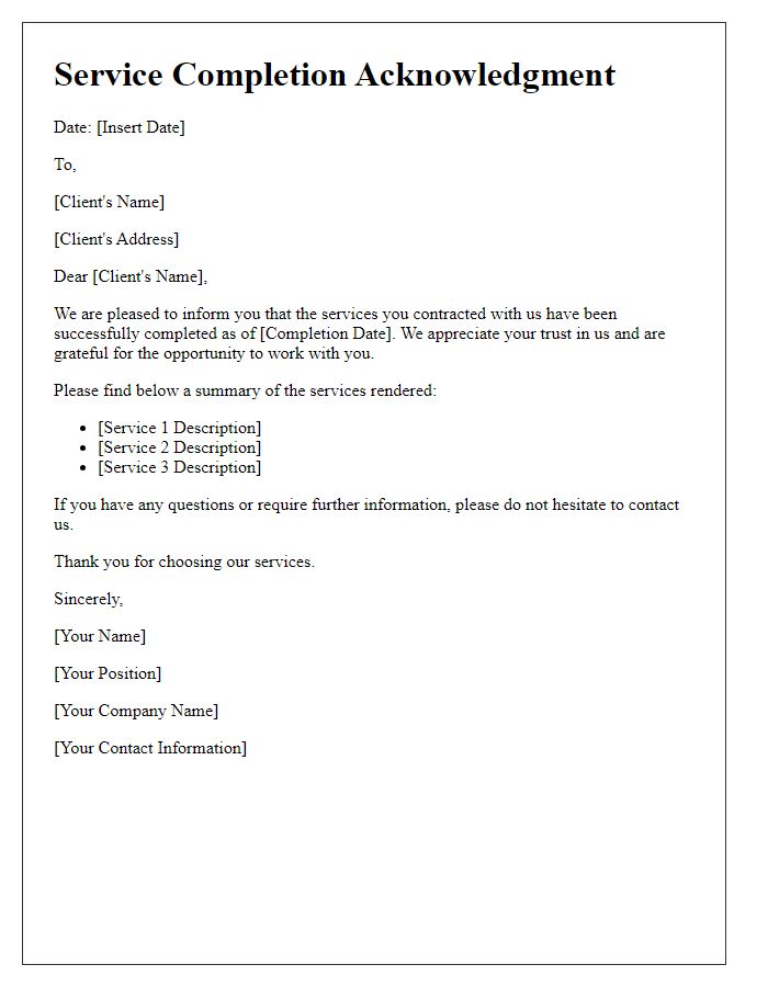 Letter template of service completion acknowledgment for clients