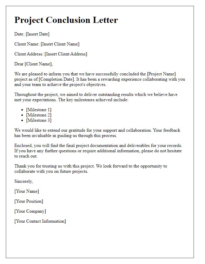 Letter template of successful project conclusion for clients