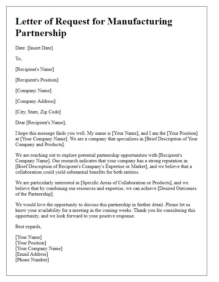 Letter template of manufacturing partnership request