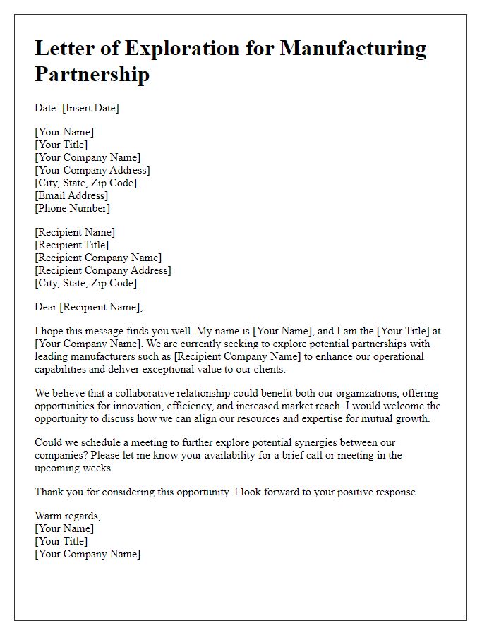 Letter template of manufacturing relationship exploration