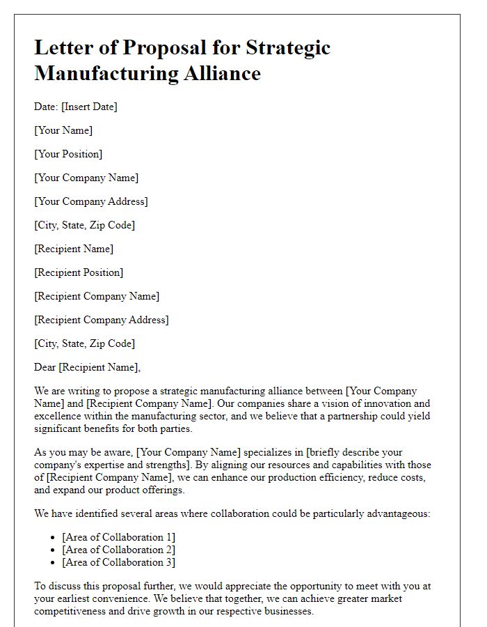 Letter template of strategic manufacturing alliance proposal