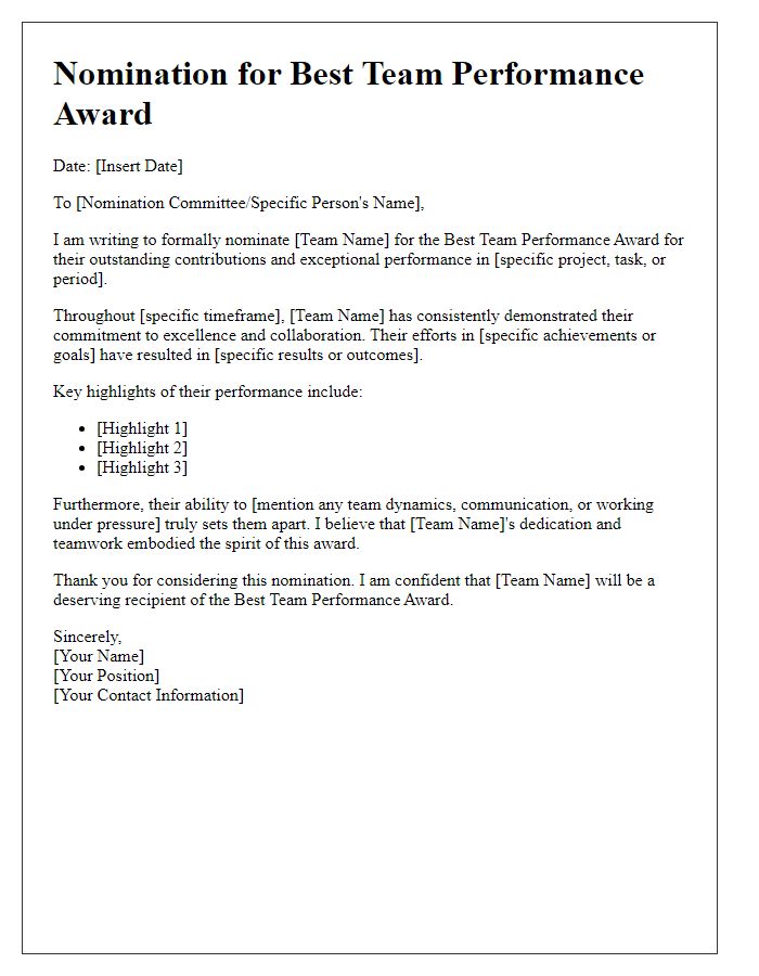 Letter template of nomination for best team performance award