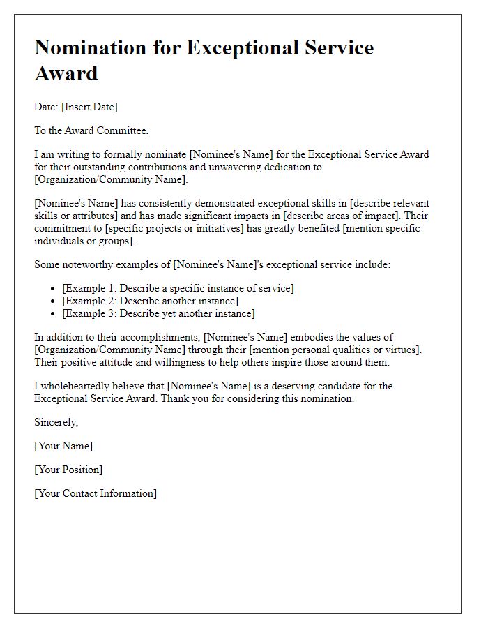 Letter template of nomination for exceptional service award