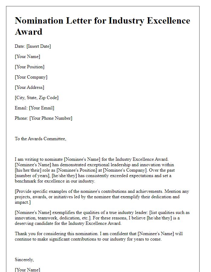 Letter template of nomination for industry excellence award