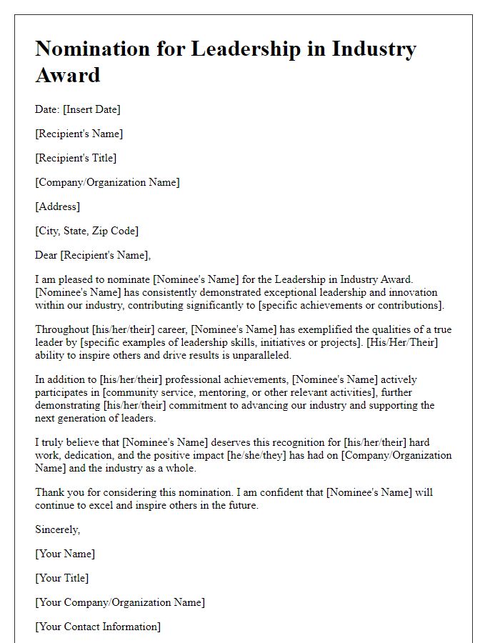 Letter template of nomination for leadership in industry award