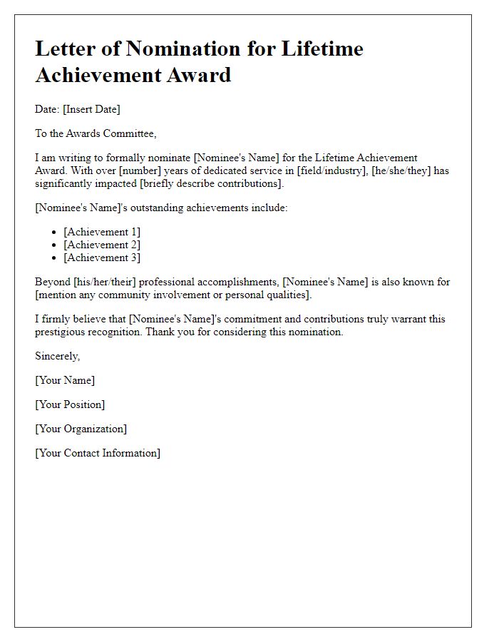 Letter template of nomination for lifetime achievement award