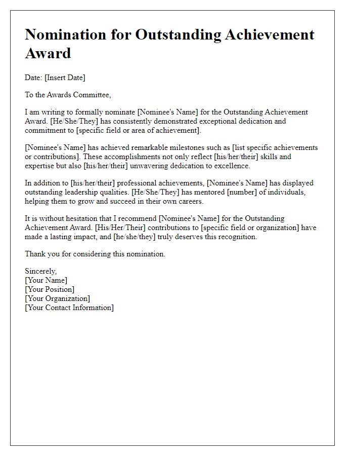 Letter template of nomination for outstanding achievement award