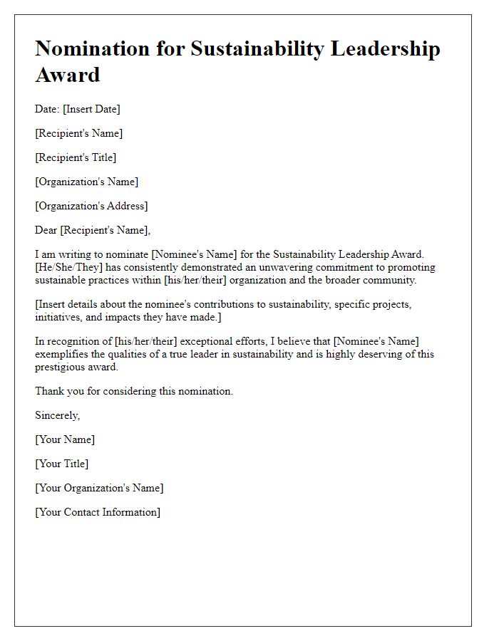 Letter template of nomination for sustainability leadership award