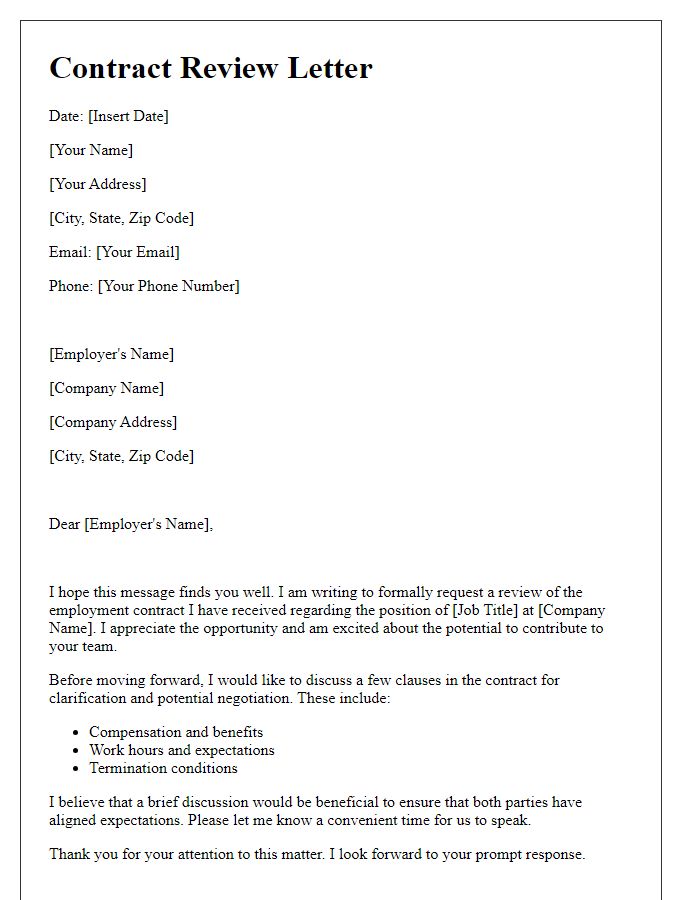 Letter template of contract review for employment consideration