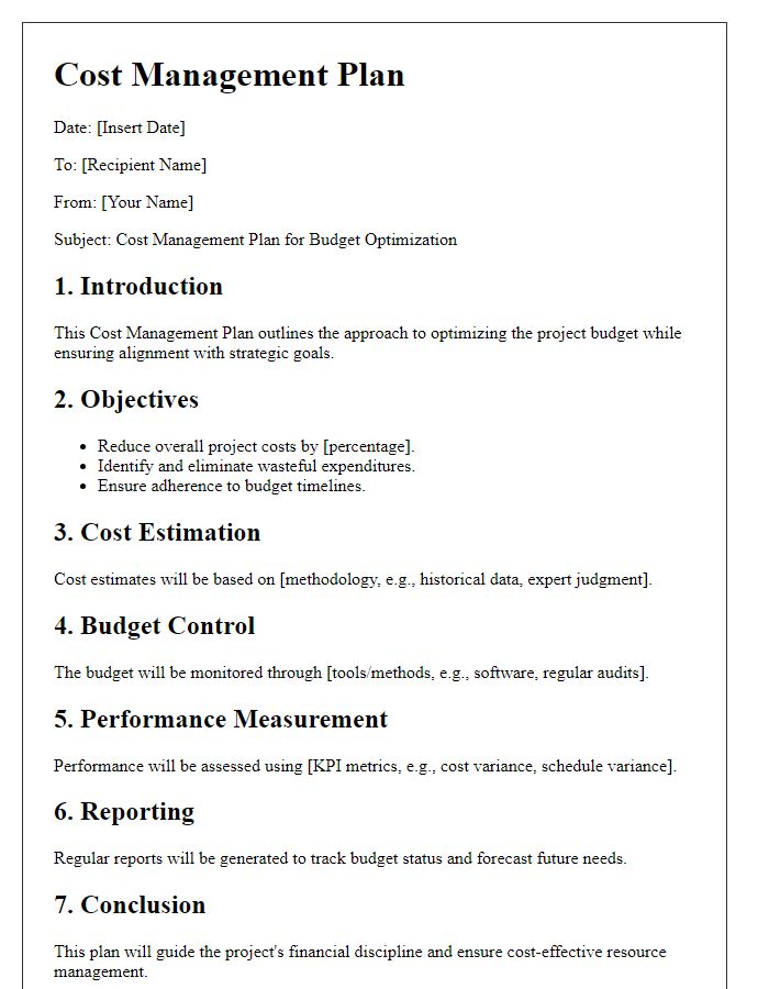 Letter template of cost management plan for budget optimization