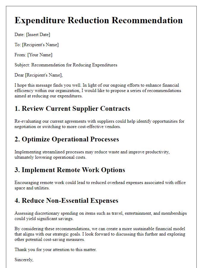 Letter template of expenditure reduction recommendation