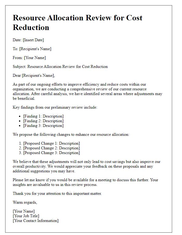 Letter template of resource allocation review for cost reduction