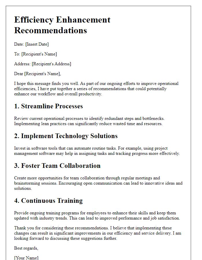 Letter template of efficiency enhancement recommendations