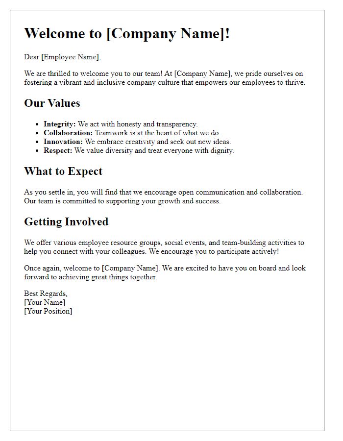 Letter template of company culture introduction for new hires.