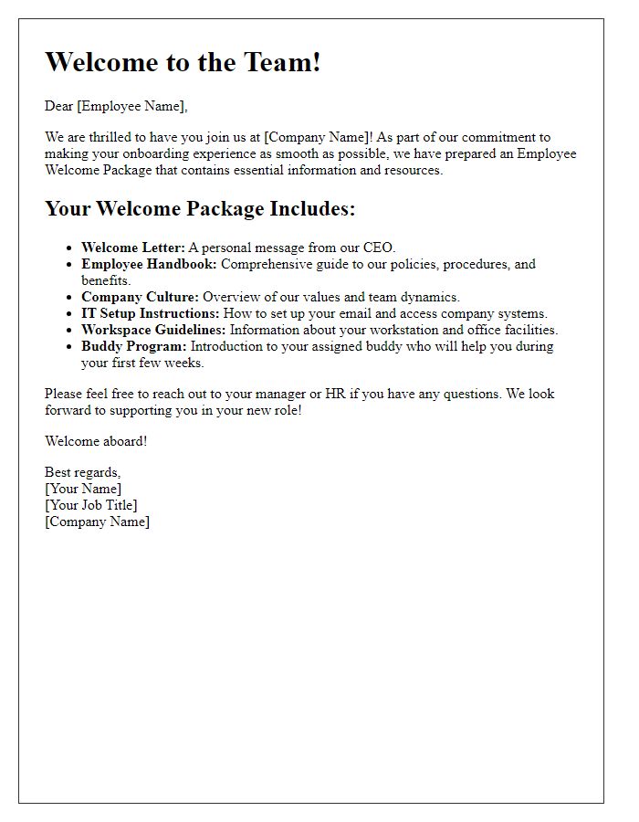 Letter template of employee welcome package details.