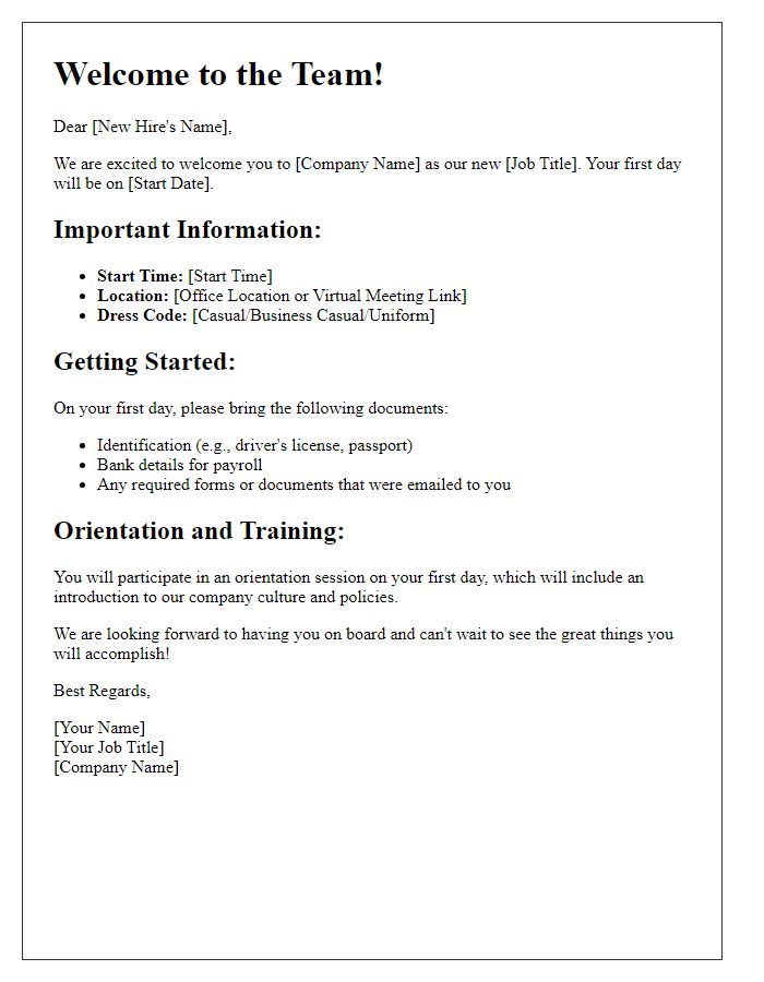 Letter template of new hire welcome information.