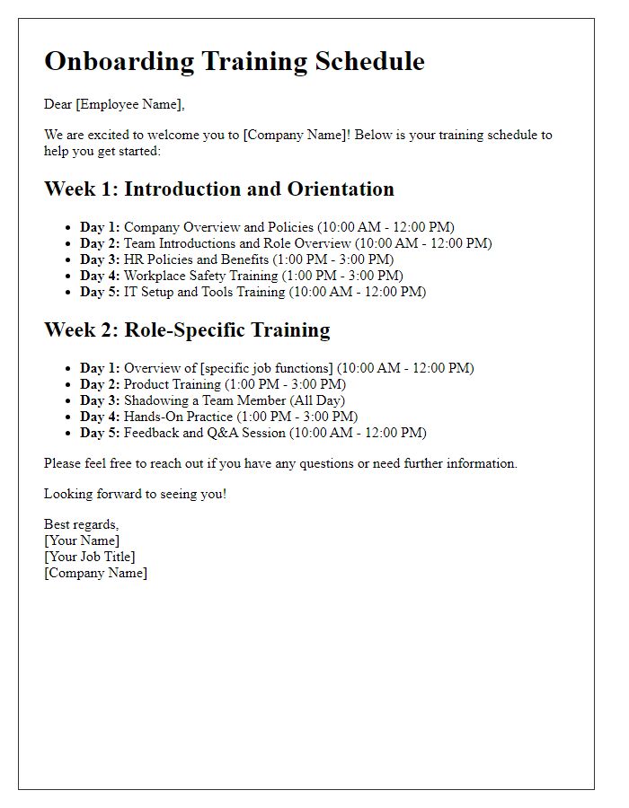 Letter template of training schedule for onboarding.