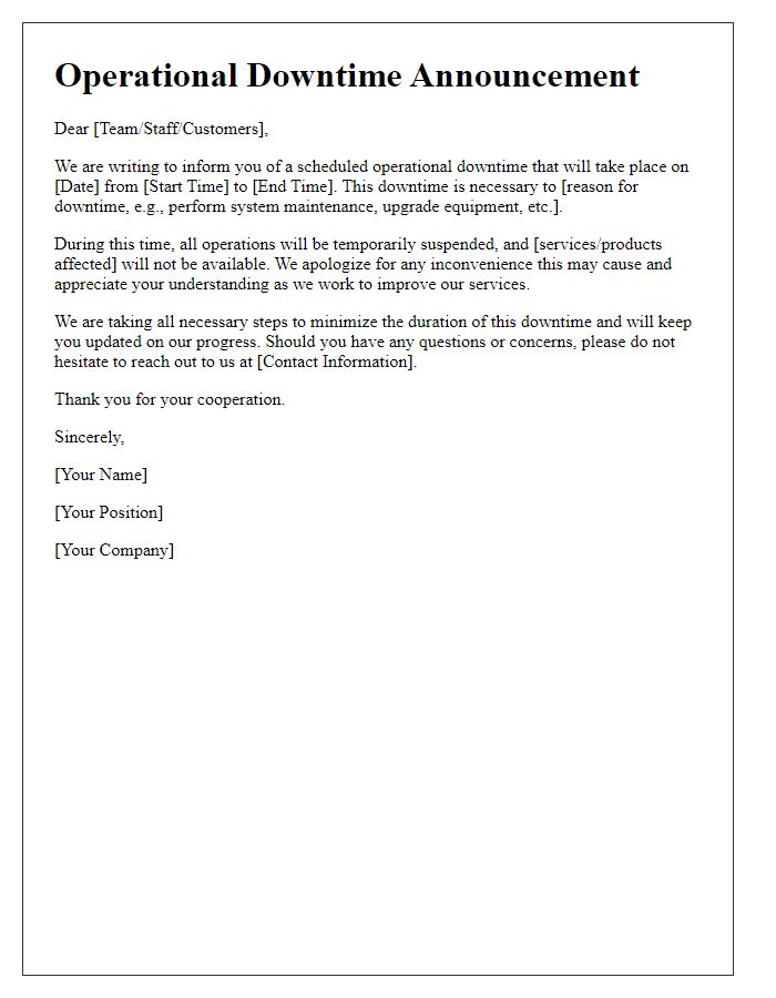 Letter template of operational downtime announcement