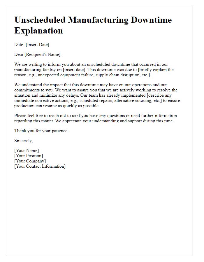 Letter template of unscheduled manufacturing downtime explanation