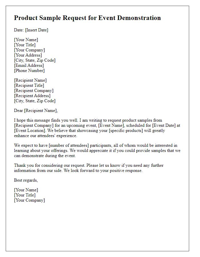 Letter template of product sample request for event demonstration.