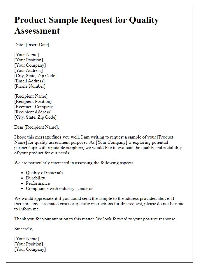 Letter template of product sample request for quality assessment.