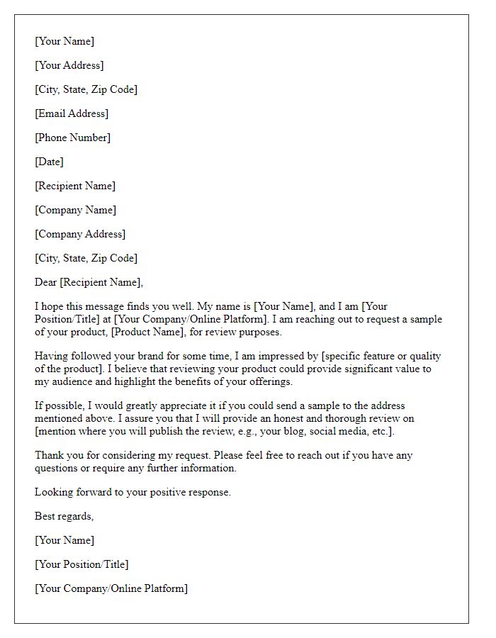 Letter template of request for product sample for review.