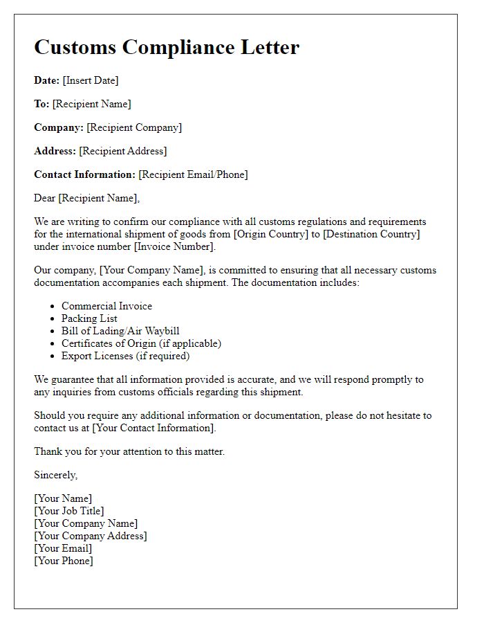 Letter template of customs compliance for international shipments