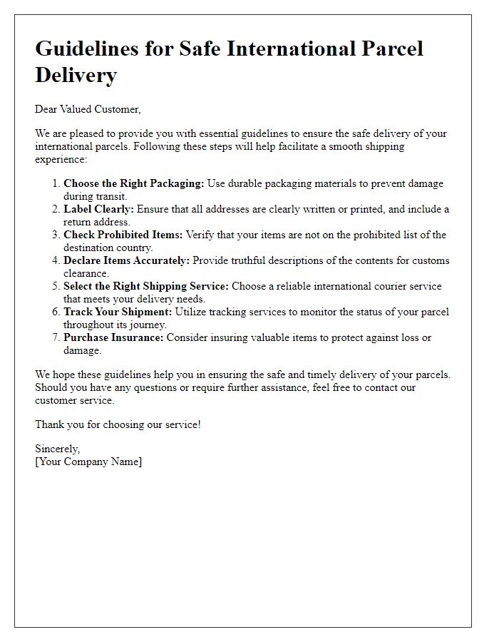 Letter template of guidelines for safe international parcel delivery