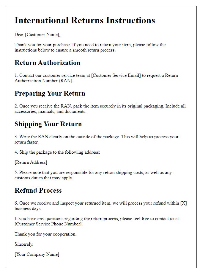 Letter template of instructions for handling international returns