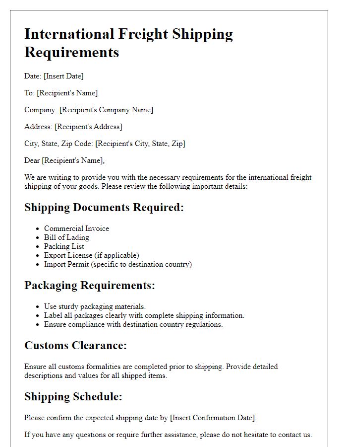 Letter template of international freight shipping requirements